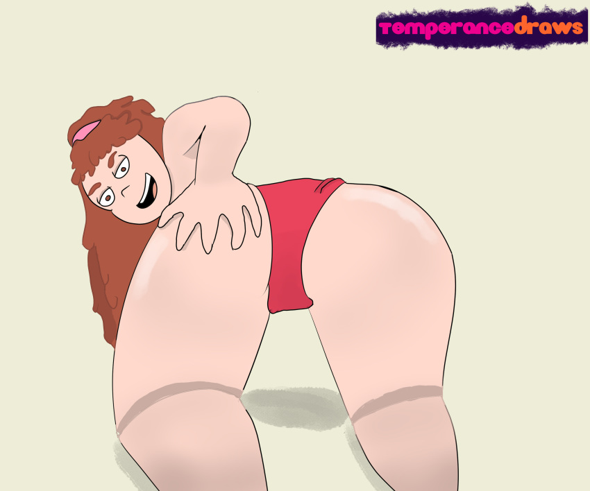 1girl all_fours ass ass_grab ass_up brown_eyes brown_hair female_only gravity_falls looking_at_viewer looking_back mabel_pines simple_background smile solo_female temperancedraws