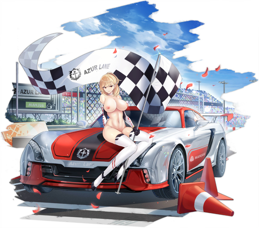 1girl 1girl 1girl alternative_costume azur_lane bangs bare_shoulders big_breasts black_gloves blonde breasts car checkered checkered_flag cleavage company_name enka_(bcat) erect_nipples expression_chart female_only flag gloves ground_vehicle high_resolution holding holding_flag large_nipples logo long_hair looking_at_viewer motor_vehicle nipples nude nude_filter prince_of_wales_(azur_lane) prince_of_wales_(the_laureate's_victory_lap)_(azur_lane) race_queen red_eyes sitting skin_tight smile stockings third-party_edit transparent_background vehicle white_legwear