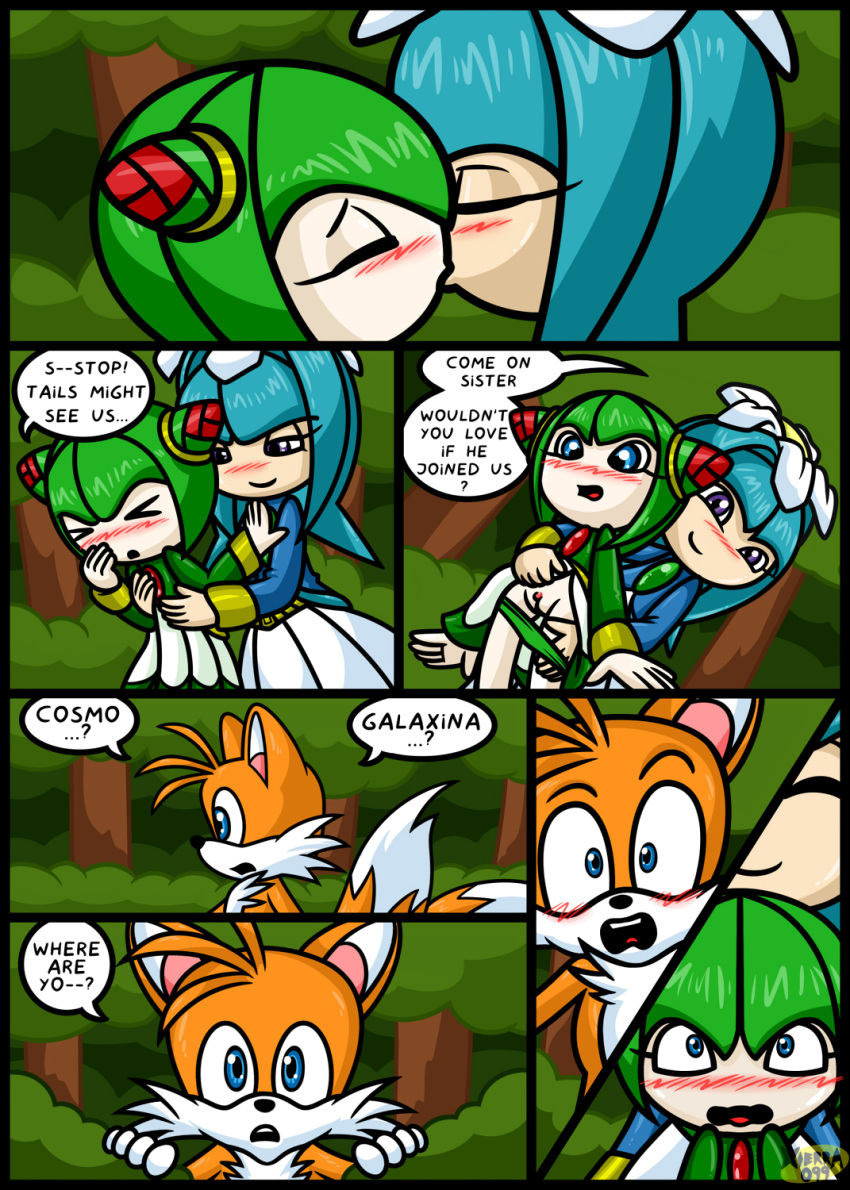 2girls comic cosmo_the_seedrian galaxina_the_seedrian kissing miles_"tails"_prower multiple_tails pussy sega sister_and_sister sisters sonic sonic_(series) sonic_x tagme tail text yuri