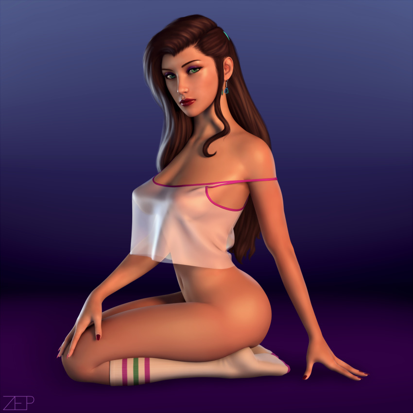 3d areolae asami_sato avatar:_the_last_airbender big_breasts bottomless breasts brown_hair female female_only green_eyes hair long_hair looking_at_viewer no_panties see-through sitting socks solo the_legend_of_korra zep