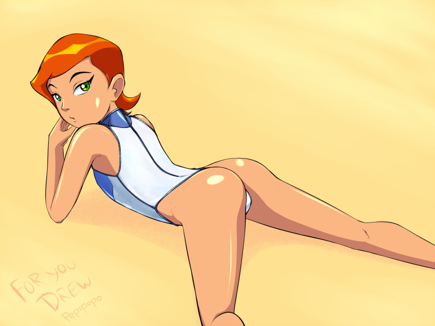 1_girl 1girl ass ben_10 big_ass female female_only green_eyes gwen_tennyson looking_at_viewer one-piece_swimsuit orange_hair pepipopo short_hair solo swimsuit