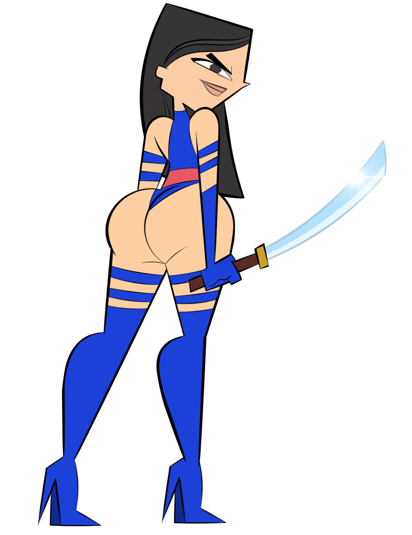 1girl asian asian_female ass black_eyes black_hair boots breasts cartoon_network codykins123 cosplay gloves halloween heather_(tdi) hourglass_figure long_hair marvel navel psylocke psylocke_(cosplay) thick_ass thick_legs thick_thighs total_drama_island weapon x-men