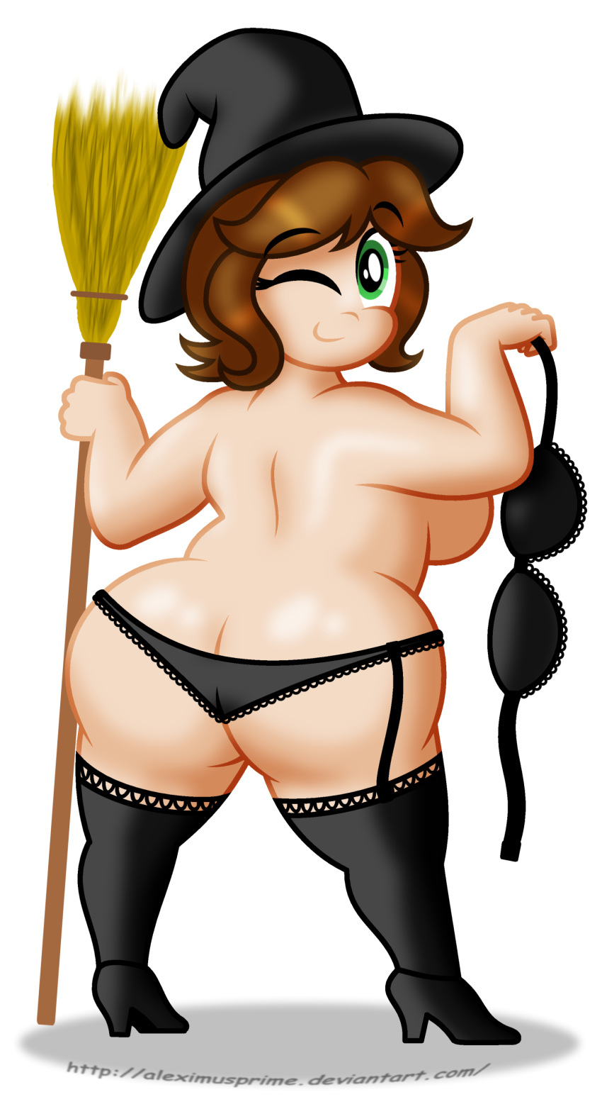 1girl ass ass_crack black_panties boots bra broom broomstick bubble_butt cosplay flying frilly_panties green_eyes halloween looking_back panties shiny shiny_skin short_hair smile stockings wide_hips wink witch witch_hat