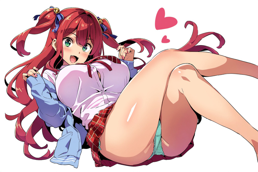 ai_art ai_generated artstyle_imitation big_breasts blush breasts heart looking_at_viewer open_mouth original original_character panties school_uniform self_upload smile takeda_hiromitsu_(ai_style) thighs white_background