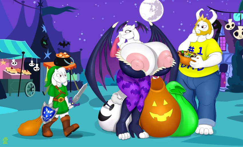 1girl 2016 absurd_res anjuneko anthro areola asgore_dreemurr asriel_dreemurr badgerben big_breasts boss_monster breasts caprine crossover darkstalkers erect_nipples family father father_and_son friendship_is_magic full_moon furry goat group halloween highres holidays huge_breasts hyper hyper_breasts link male mammal mature_female melee_weapon milf moon morrigan_aensland mother_and_son my_little_pony night nightmare_night nintendo nipples parent shield son sword the_legend_of_zelda toriel undertale video_games weapon