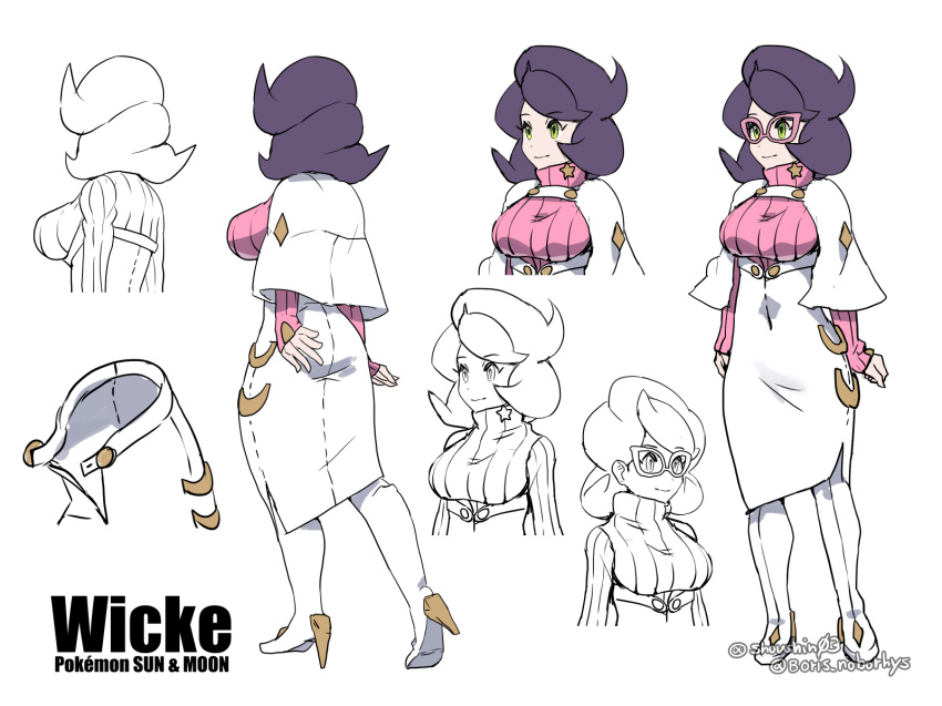 10s 1girl aether_foundation artist_name big_hair boots boris_(noborhys) breasts character_sheet flipped_hair from_behind full_body glasses green_eyes high_heel_boots high_heels high_res multiple_views partially_colored pokemon pokemon_(game) pokemon_sm purple_hair ribbed_sweater smile sweater turtleneck_sweater upper_body white_background wicke