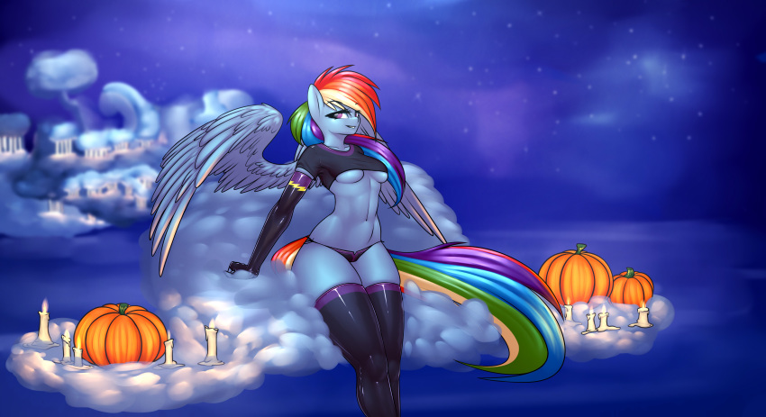 1girl 2016 absurd_res anthro anthrofied armpits blue_feathers blue_skin breasts candle clothing cloud elzzombie equine feathered_wings feathers food friendship_is_magic fruit furry hair halloween high_res holidays legwear long_hair looking_at_viewer mammal multicolored_hair my_little_pony on_cloud outside pegasus pumpkin rainbow_dash rainbow_hair sitting underboob underwear wings
