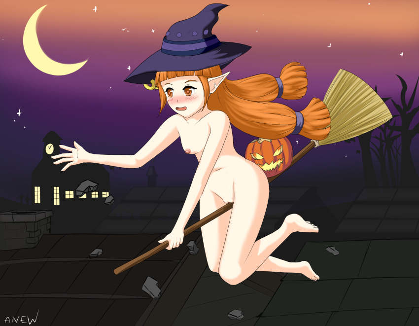 1girl breasts broom broomstick flying hair hairless_pussy halloween hat headgear heart jack-o'-lantern long_hair moon nipples nude orange_eyes orange_hair pointy_ears pumpkin pussy ring town witch witch_hat