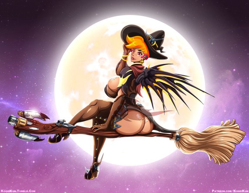 1girl angela_ziegler ass big_ass big_breasts blizzard_entertainment blonde_hair boots breasts broom broom_riding broomstick bubble_butt cosplay earrings female_only flying freckles full_moon gloves halloween hat kogeikun long_hair mercy_(overwatch) mercy_(overwatch)_(cosplay) moon nahia_(kogeikun) no_panties orange_hair overwatch red_eyes redhead shiny shiny_skin smile solo_female wings witch witch_hat witch_mercy_(overwatch)