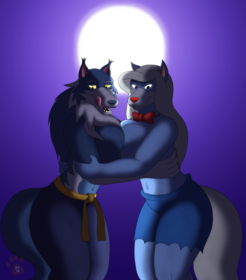 1girl 2016 animaniacs anthro belt big_breasts blue_background blue_fur breast_squish breasts breasts_frottage canine capcom clothed clothing crossgender crossover darkstalkers duo female/female fur furry glowing glowing_eyes hair high_res jon_talbain ky_(malamute) licking licking_lips looking_at_viewer mammal midriff moon navel night open_mouth outside pants partially_clothed simple_background smile tongue tongue_out torn_clothing video_games warner_brothers were werewolf wide_hips wilford_wolf wolf yellow_eyes