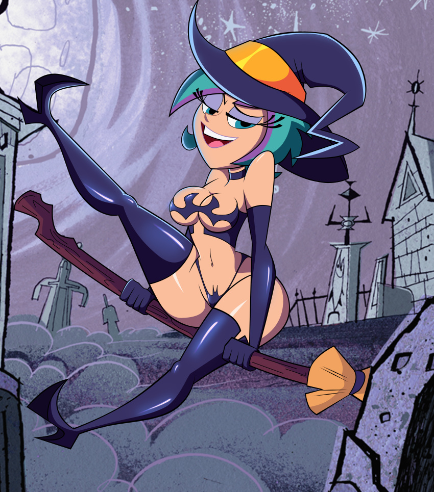 1girl agent_xero big_breasts blue_eyes breasts broom broomstick cleavage cosplay female female_only flying green_hair grimphantom halloween hat lacey_shadows multicolored_hair purple_hair smile solo the_modifyers underboob witch witch_hat