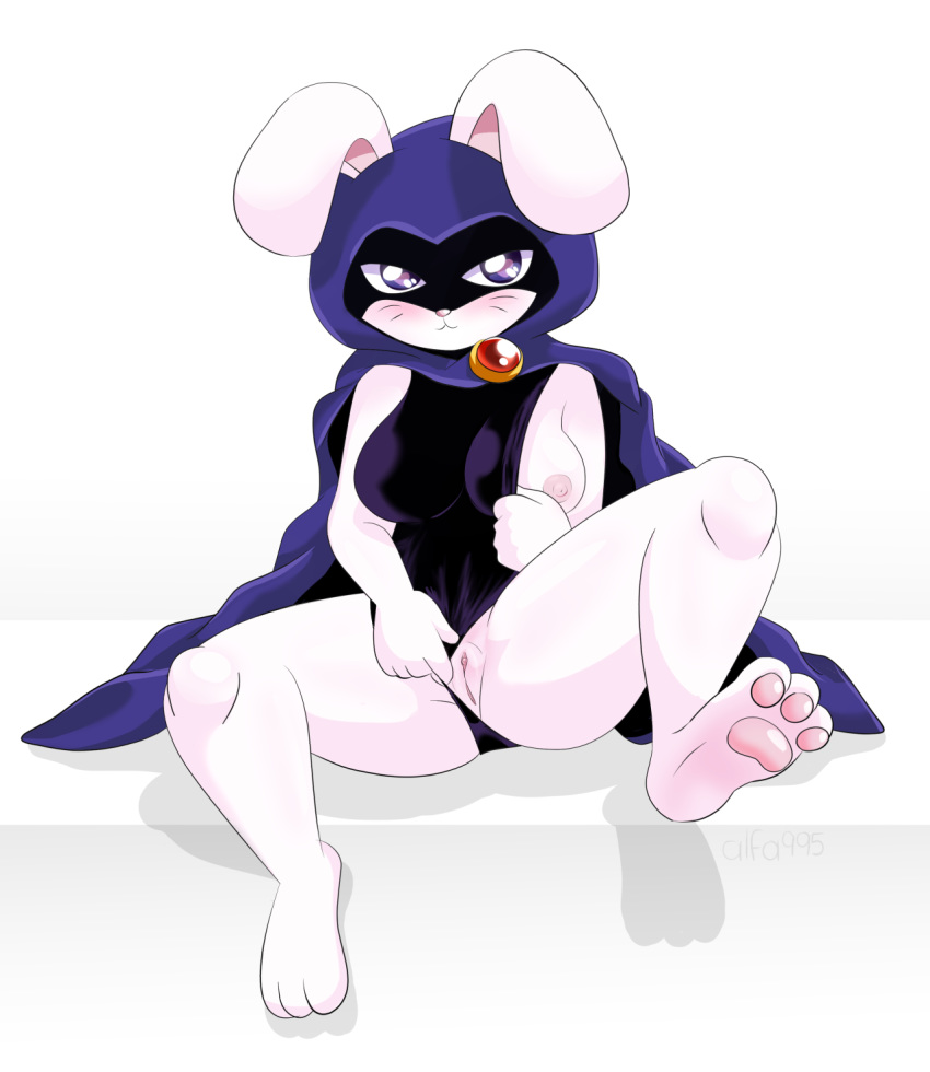1girl 2016 3_toes alfa995 anthro anthrofied blush breasts bunny_raven cape clitoris clothing dc dc_comics furry high_res hood lagomorph mammal nipples one_breast_out panties panties_aside pawpads presenting presenting_pussy purple_eyes pussy rabbit raven_(dc) simple_background sitting smile spread_legs spreading teen_titans tight_clothing toes underwear white_background