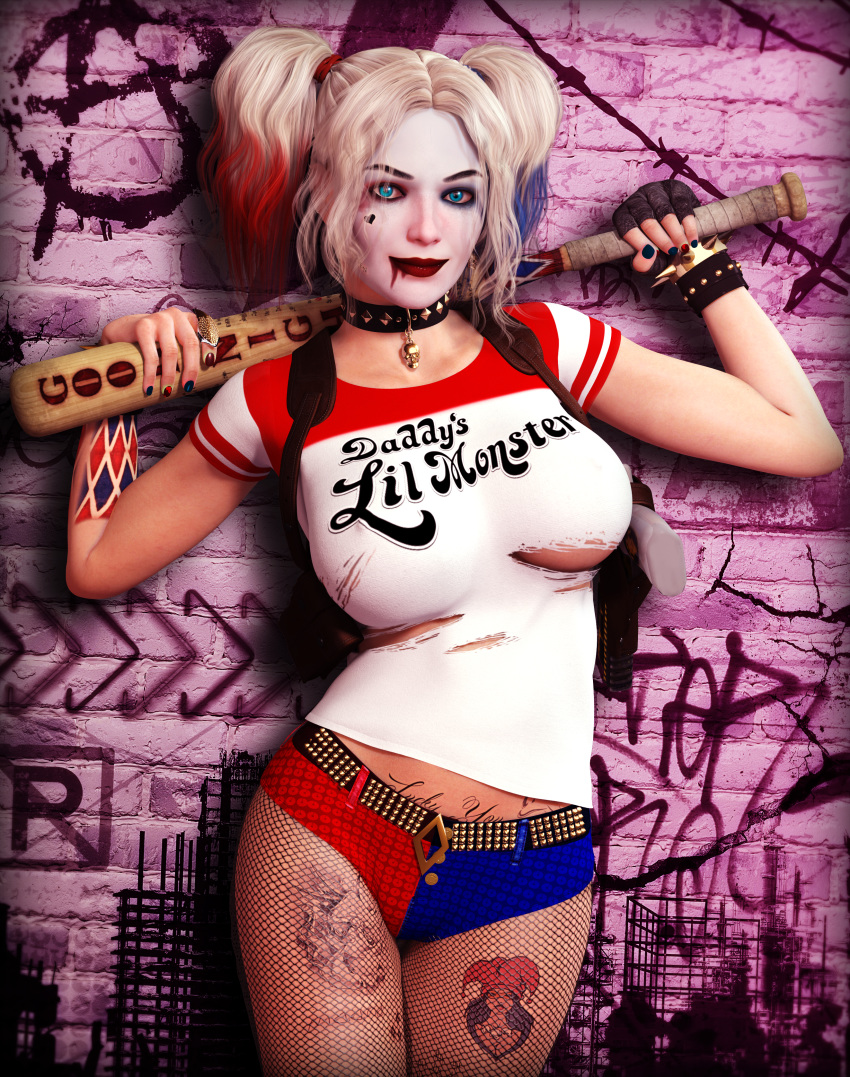 3d baseball_bat batman_(series) belly big_breasts blonde_hair blue_eyes blue_hair bracelet breasts choker covered_breasts dc dc_comics facepaint facial_mark female female_only fingerless_gloves fishnet fishnet_pantyhose gloves harley_quinn hips hotpants legs lips long_hair makeup midriff multicolored_hair nail_polish pantyhose pink_hair rasmus-the-owl shirt solo spiked_bracelet suicide_squad tattoo tattoos thighs torn_clothes twintails weapon