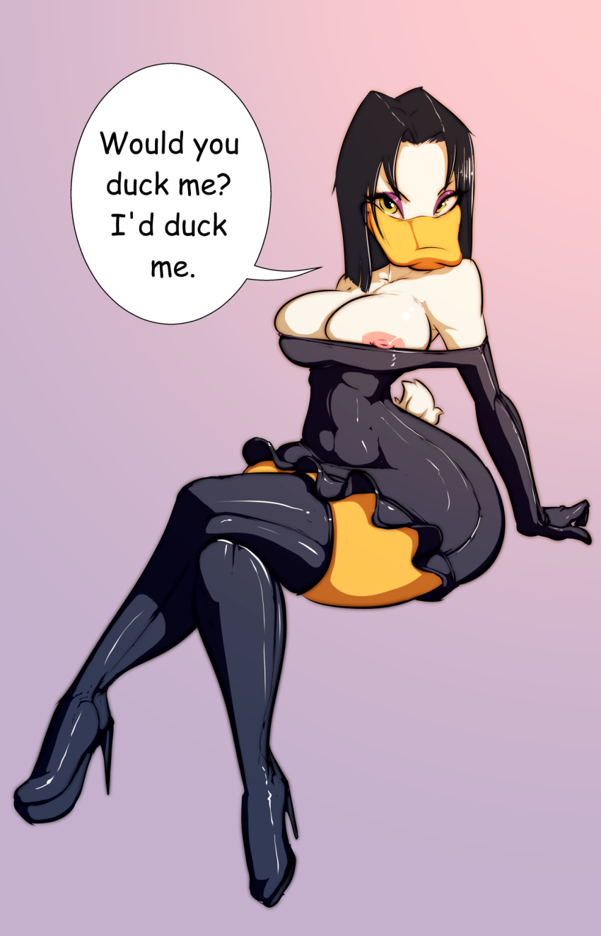 1girl anthro areola avian bare_shoulders beak big_breasts bird black_hair boots breasts cleavage clothed clothing dress duck ducktales elbow_gloves english_text eyebrows eyelashes eyeshadow footwear furry gackt gloves hair high_heels high_res legwear long_hair looking_at_viewer magica_de_spell makeup nipples rubber shoes simple_background sitting smile stockings text thick_thighs thigh_high_boots white_skin wide_hips yellow_eyes yellow_skin