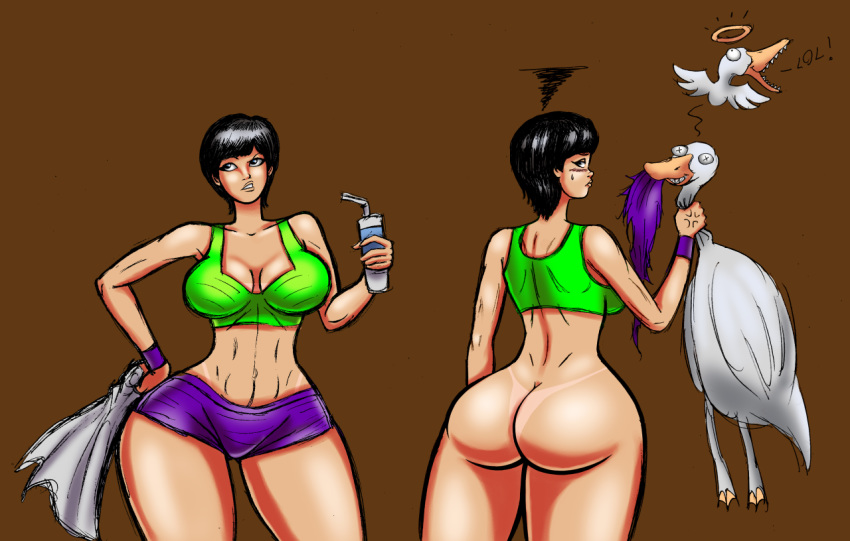 1girl angry ass black_eyes black_hair bottomless bracelet bubble_butt frogwalker goose looking_back male shiny shiny_skin short_hair smile tan tan_line tank_top torn_clothing towel water_bottle wide_hips