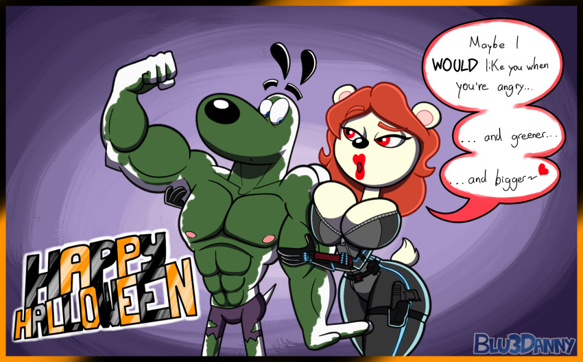 1girl anthro bear big_breasts black_widow black_widow_(cosplay) black_widow_(marvel) blu3danny breasts canine cleavage clothed clothing cosplay dog dudley_puppy duo english_text fan_character furry halloween happy_halloween holidays hulk male mammal marvel muscular nickelodeon t.u.f.f._puppy text