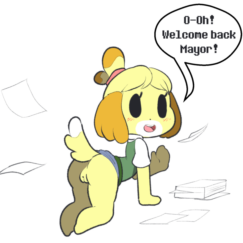 1girl 1girl 2016 all_fours animal_crossing anthro blush bottomless canine clothed clothing digital_media_(artwork) dog furry hairband isabelle_(animal_crossing) itsunknownanon looking_at_viewer mammal nintendo presenting pussy simple_background text upskirt video_games