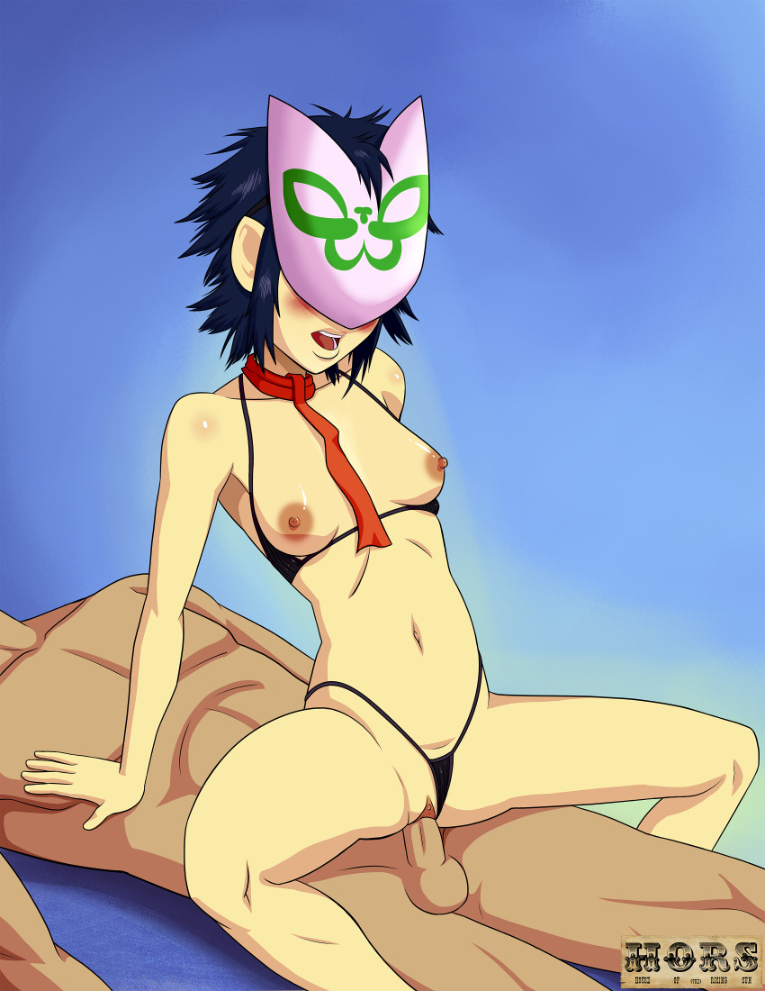 areolae bikini blush breasts brown_penis clitoris cowgirl_position female gorillaz hors-art large_testicles male mask medium_breasts navel nipples noodle_(gorillaz) penis swimsuit teeth testicles vaginal