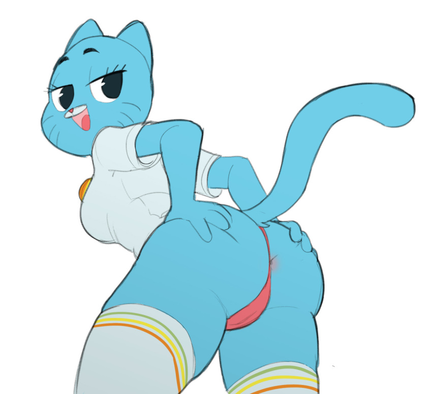 1girl 1girl 2016 anthro anus ass blue_fur breasts cameltoe cartoon_network cat clothing digital_media_(artwork) feline fur furry honeybits legwear looking_at_viewer mammal nicole_watterson presenting raised_tail shirt simple_background spread_buttcheeks stockings the_amazing_world_of_gumball thong whiskers