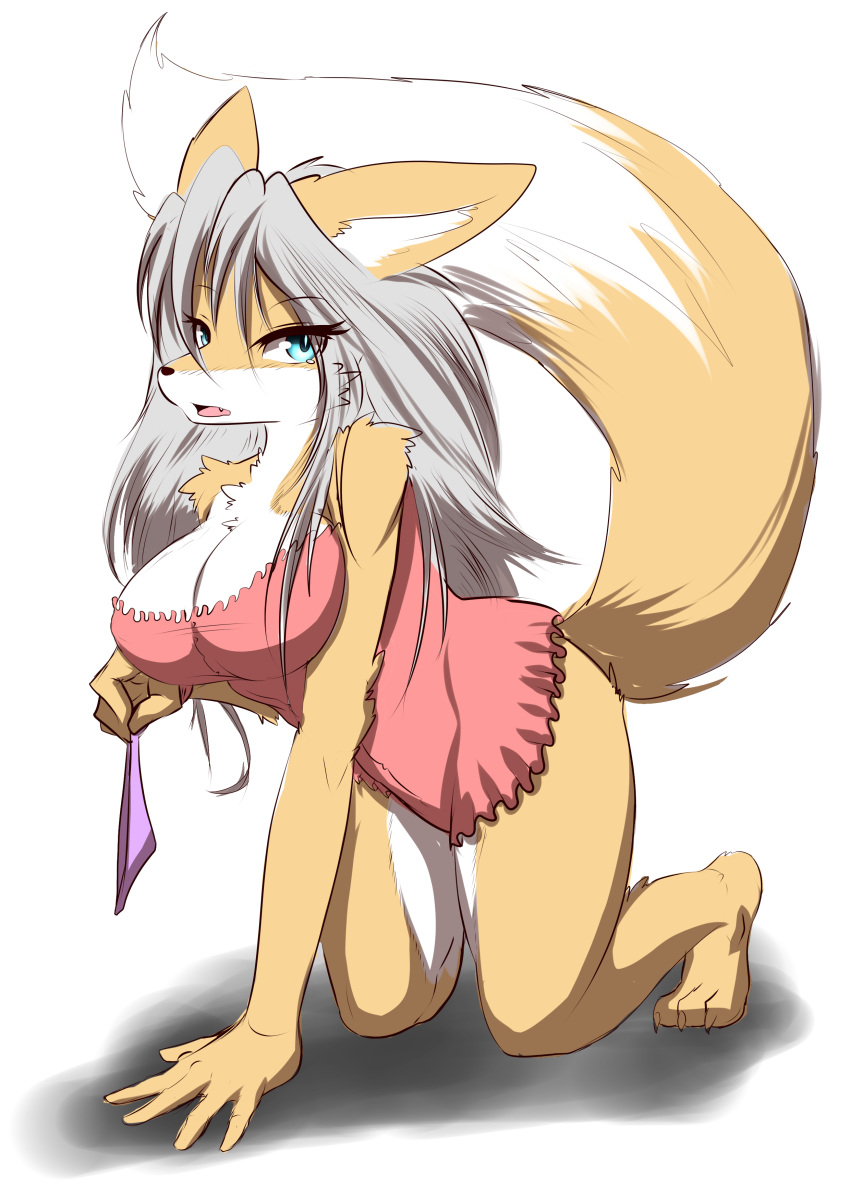 1girl 1girl 2016 3_toes 5_fingers anthro bare_shoulders big_breasts breasts canine cleavage clothed clothing eyebrows eyelashes fox furry high_res looking_at_viewer mammal nightgown panties simple_background tailzkim toes underwear undressing white_background