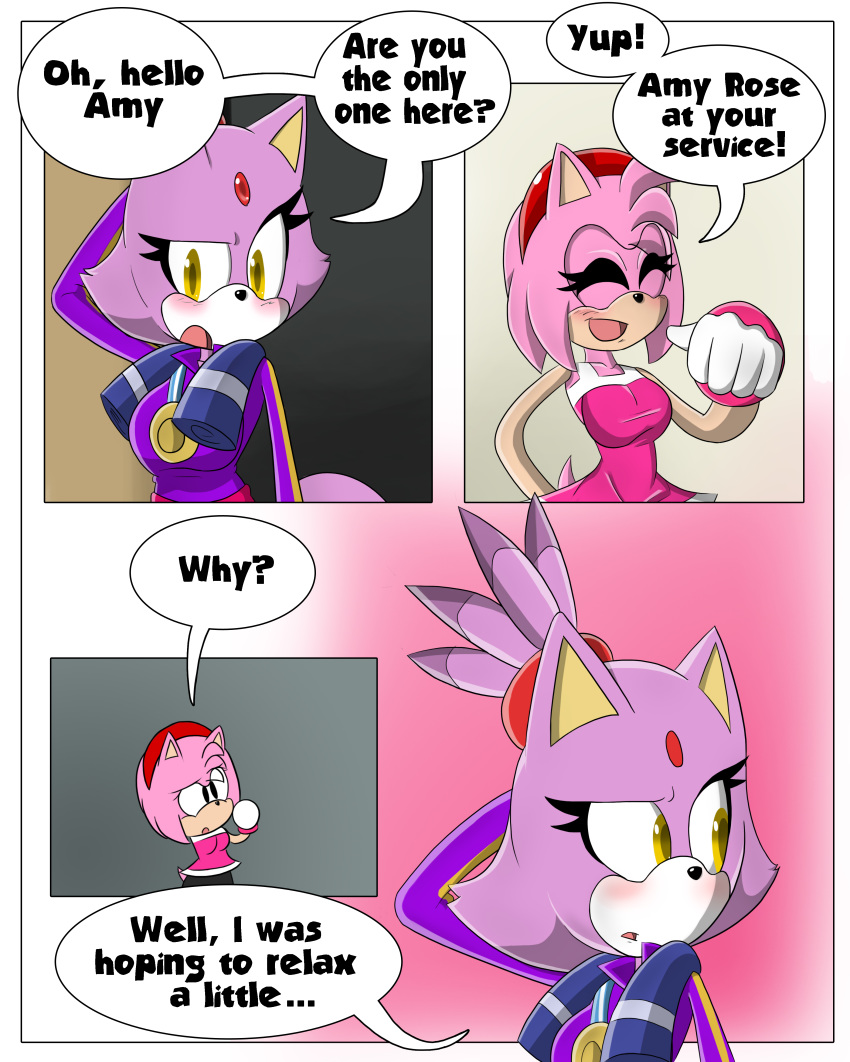 1girl amy_rose anthro blaze_the_cat blush breasts cat clothed clothing comic dialogue duo english_text feline fur furry gloves gold_medal green_eyes hair hedgehog mammal pink_fur pink_hair purple_fur sandunky sega simple_background text video_games yellow_eyes