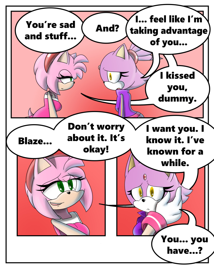 1girl amy_rose anthro blaze_the_cat breasts cat clothed clothing comic dialogue duo english_text feline female/female fur furry gloves green_eyes hair half-closed_eyes hedgehog mammal pink_fur pink_hair purple_fur sandunky sega simple_background text video_games yellow_eyes