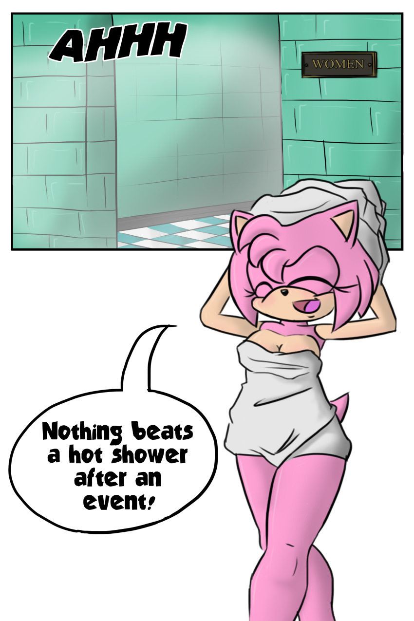 1girl amy_rose anthro comic drying_off furry hedgehog mammal public_shower sandunky sega simple_background text towel video_games white_background