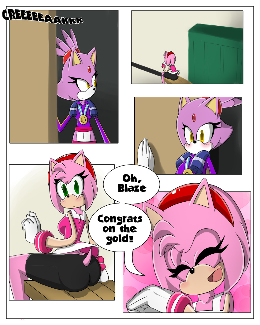 1girl amy_rose anthro ass blaze_the_cat blush breasts cat closed_eyes clothed clothing comic dialogue duo english_text feline fur furry gloves green_eyes hair hedgehog mammal midriff navel pink_fur pink_hair purple_fur sandunky sega simple_background text video_games yellow_eyes