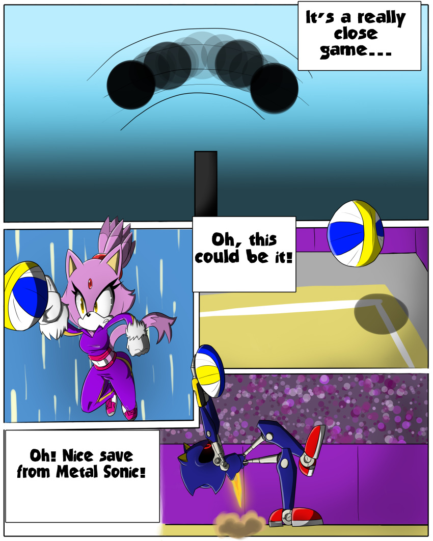 1girl anthro blaze_the_cat breasts cat clothed clothing comic dialogue duo english_text feline furry gloves hedgehog male mammal metal_sonic midriff navel red_eyes sandunky sega simple_background sport text video_games volleyball yellow_eyes