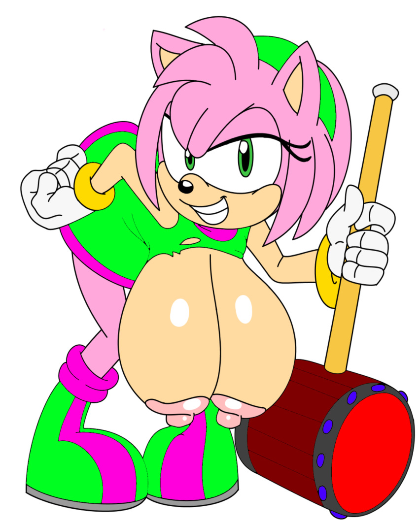 1girl 1girl 2015 5_fingers alternate_costume amy_rose anthro areola bent_over big_breasts bracelet breasts clothing daredemon7000 dialogue erect_nipples fur gloves green_eyes grin hairband hammer hanging_breasts hedgehog high_res huge_breasts jewelry looking_at_viewer mammal nipples pink_fur sega simple_background smile teeth tools white_background white_gloves