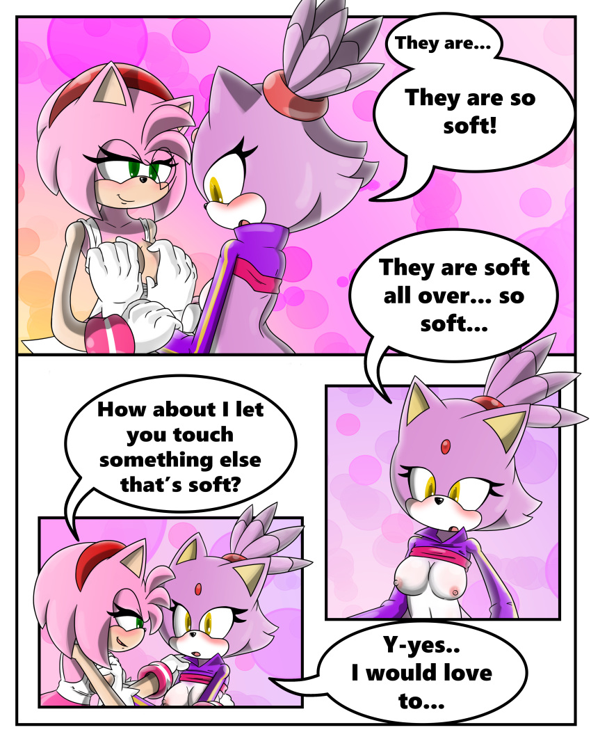 1girl amy_rose anthro blaze_the_cat blush breasts cat clothed clothing comic dialogue duo english_text feline female/female fur furry gloves green_eyes hair hedgehog mammal nipples pink_fur pink_hair purple_fur sandunky sega simple_background text undressing video_games yellow_eyes