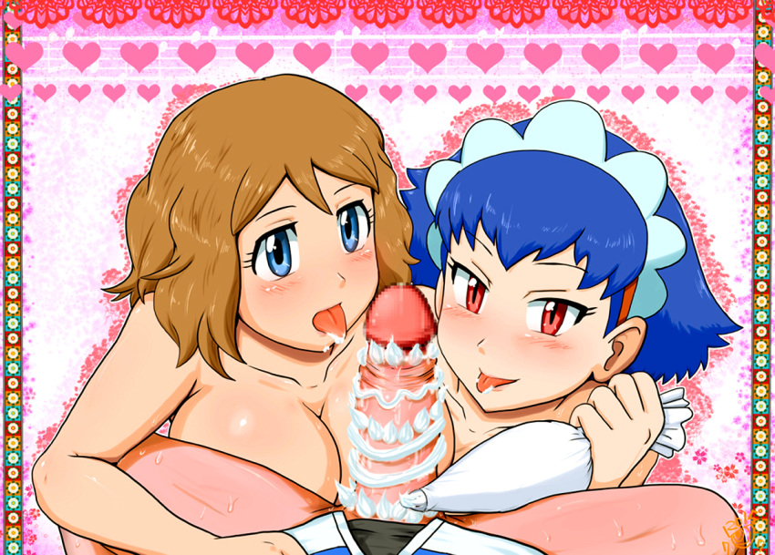 2_girls 2girls ash_ketchum big_breasts bottomless breasts double_fellatio fellatio ffm_threesome first_person_view gouguru heart icing lick licking licking_penis looking_at_viewer miette millefeui_(pokemon) oral penis pokemon pokemon_(anime) pokemon_xy pov satoshi_(pokemon) serena serena_(pokemon) threesome