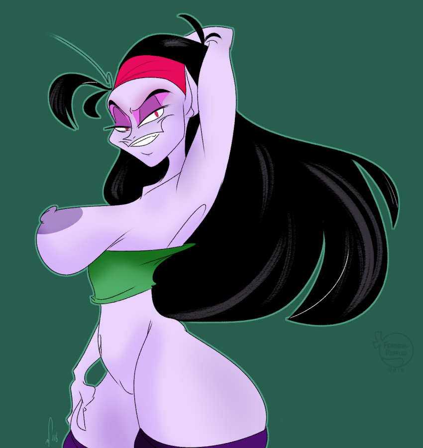 1girl big_breasts black_hair breasts fangora_dracula fangs feathers-ruffled goth hair nude pink_eyes purple_skin the_baskervilles thick thighs tube_top vampire