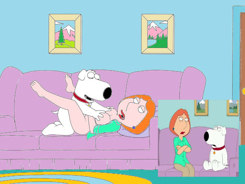 1_female 1_girl 1girl anthro bad_edit bottomless breast_grab breasts brian_griffin clothed collar dog duo earings edit exposed_breasts family_guy female hair human indoors interspecies kneel kneeling legs_up living_room lois_griffin long_hair lying male male/female male_anthro missionary missionary_position nipples nude orange_hair photo_(object) red_hair sex sfan sitting sofa white_fur