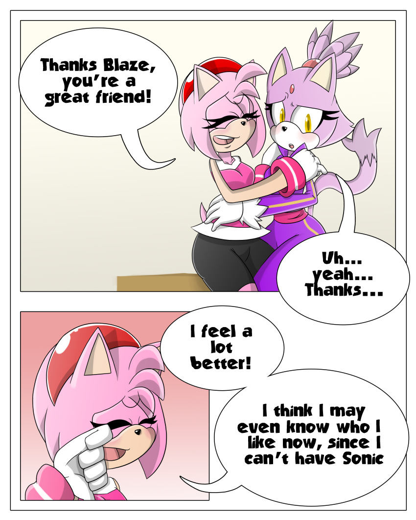 1girl amy_rose anthro blaze_the_cat breasts cat closed_eyes clothed clothing comic dialogue duo english_text feline female/female fur furry gloves hair hedgehog mammal pink_fur pink_hair purple_fur sandunky sega simple_background text video_games yellow_eyes