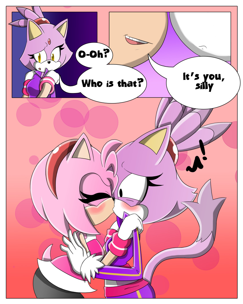 1girl amy_rose anthro blaze_the_cat blush breasts cat clothed clothing comic dialogue duo english_text feline female/female fur furry gloves hair hedgehog kissing mammal pink_fur pink_hair purple_fur sandunky sega simple_background surprise text video_games yellow_eyes