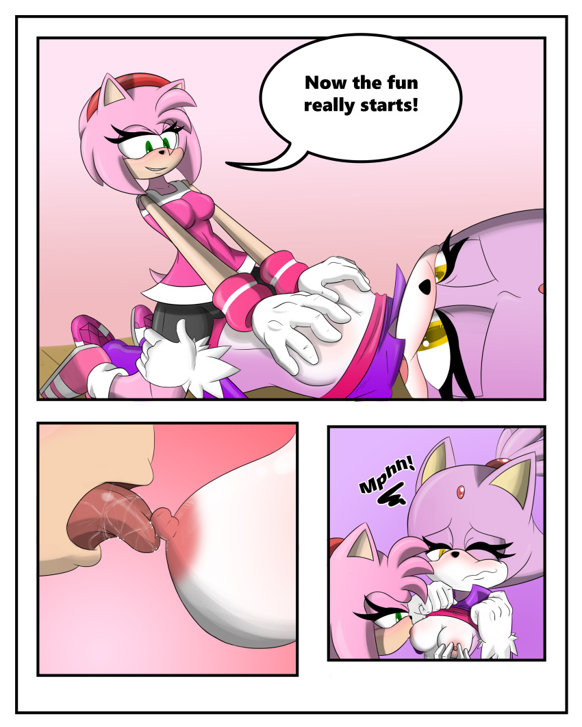1girl amy_rose anthro blaze_the_cat blush breast_grab breast_suck breasts cat clothed clothing comic dialogue duo english_text erect_nipples feline female/female fur furry gloves green_eyes hair hand_on_breast hedgehog kissing licking mammal nipple_lick nipple_pinch nipples pinch pink_fur pink_hair purple_fur raised_shirt sandunky sega sex simple_background sucking surprise text tongue tongue_out video_games yellow_eyes