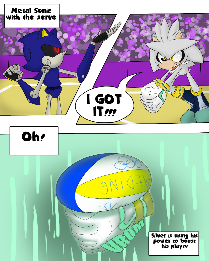 anthro clothing comic dialogue furry gloves hedgehog male mammal metal_sonic sandunky sega silver_the_hedgehog sport text video_games volleyball yellow_eyes