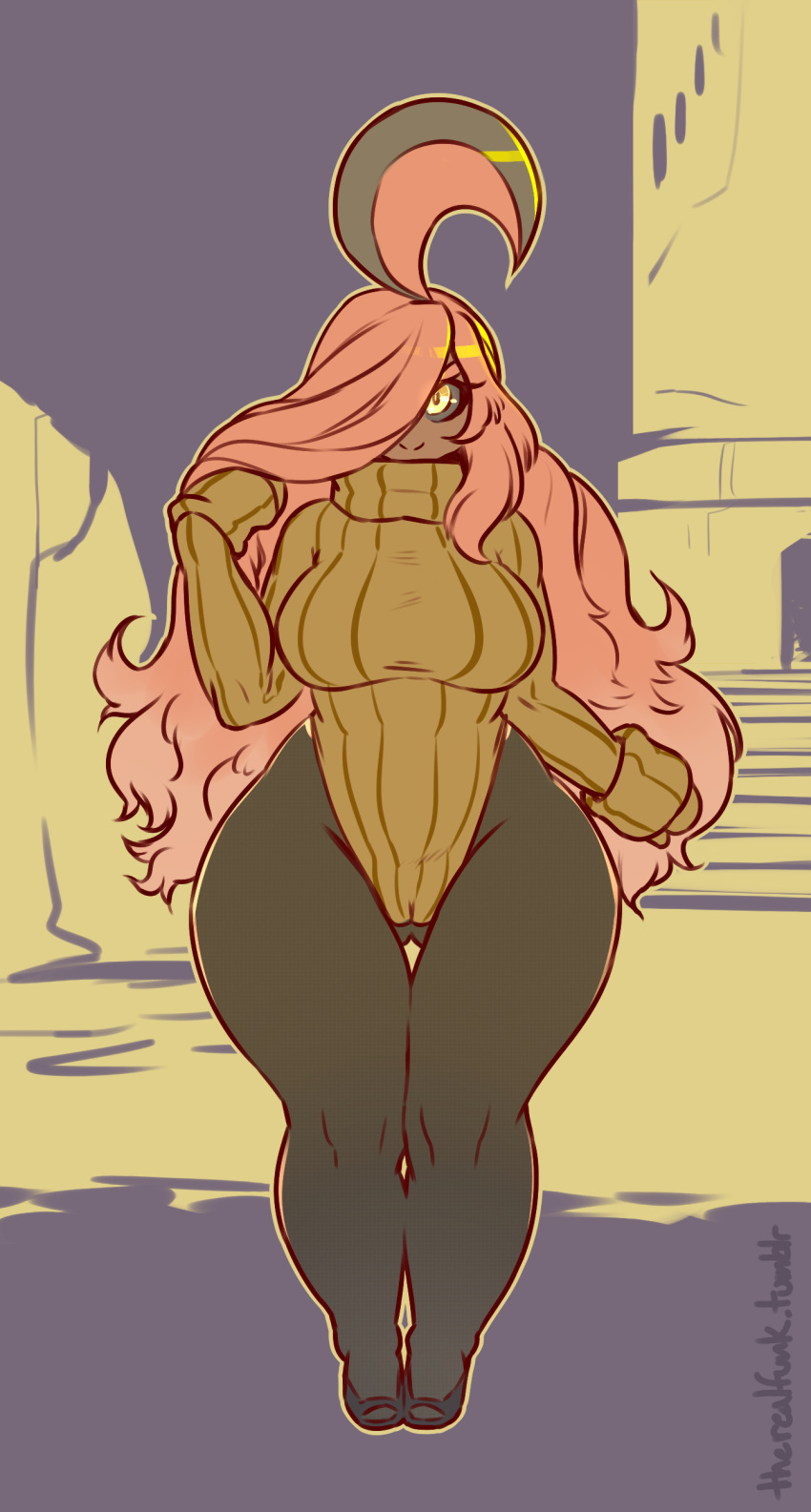 1girl 2016 absurd_res anthro anthrofied big_breasts black_sclera breasts cameltoe clothed clothing gourgeist hair highres leotard live_for_the_funk long_hair looking_at_viewer nintendo pink_hair pokemon pokemorph sweater thick_thighs turtleneck video_games wide_hips yellow_eyes