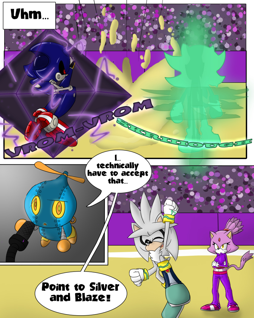 1girl anthro blaze_the_cat breasts cat clothed clothing comic dialogue english_text feline fur furry gloves grey_fur hedgehog male mammal metal_sonic midriff navel omochao purple_fur sandunky sega shadow_the_hedgehog silver_the_hedgehog simple_background sport text video_games volleyball yellow_eyes