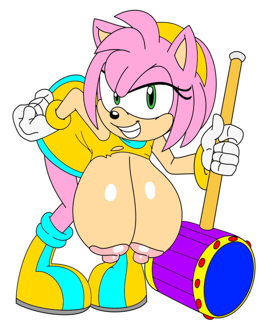 1girl 2015 5_fingers alternate_costume amy_rose anthro areola bent_over big_breasts bracelet breasts clothing daredemon7000 dialogue erect_nipples fur gloves green_eyes grin hairband hammer hanging_breasts hedgehog high_res huge_breasts jewelry looking_at_viewer mammal nipples pink_fur sega simple_background smile teeth tools white_background white_gloves