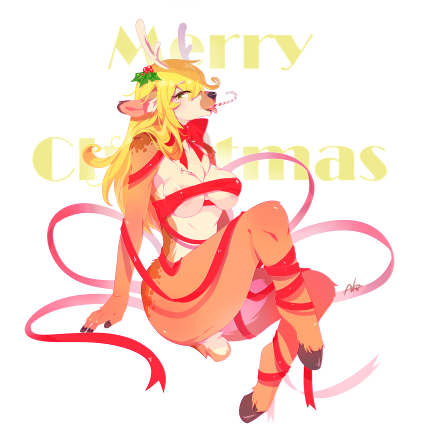 1girl 1girl 2016 anthro ass big_ass big_breasts blonde_hair blush breasts candy candy_cane cervine chest_tuft christmas clothed clothing food fur furry green_eyes hair high_res holidays holly_(plant) hooves horn inner_ear_fluff kemono long_hair looking_at_viewer mammal missaka mostly_nude open_mouth plant reindeer ribbons simple_background sitting skimpy smile teeth text tongue tongue_out tuft