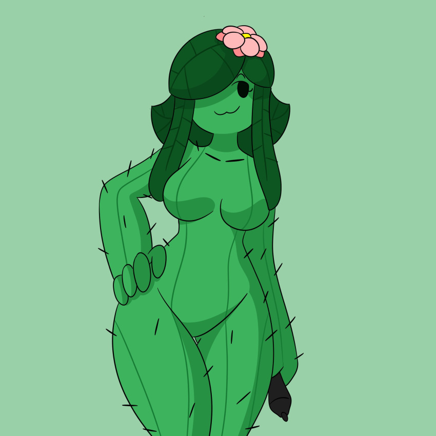 1girl big_ass big_breasts breasts busty cactus colored flower_in_hair green_hair horny naked nipples niyarts nude pussy sona_(niyarts) thicc undressed young
