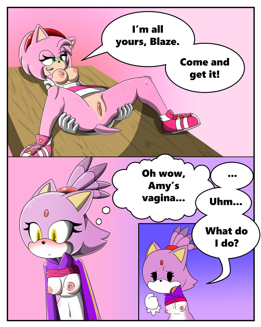 1girl amy_rose anthro blaze_the_cat blush bottomless breasts cat clothed clothing comic dialogue duo english_text feline female/female fur furry gloves green_eyes hair hedgehog mammal navel nipples pink_fur pink_hair presenting presenting_pussy purple_fur pussy raised_shirt sandunky sega spread_legs spreading text yellow_eyes