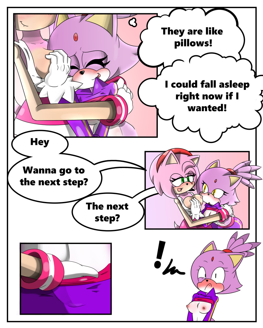 ! 1girl amy_rose anthro blaze_the_cat blush breast_grab breasts cat clothed clothing comic dialogue duo english_text feline female/female fur furry gloves green_eyes hair hand_on_breast hedgehog mammal navel nipples pink_fur pink_hair purple_fur raised_shirt sandunky sega simple_background text white_background yellow_eyes