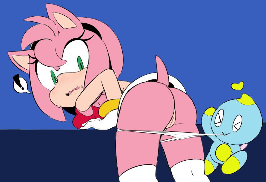 ! 1_female 1girl amy_rose anthro assisted_exposure bent_over clothed duo female female_anthro green_eyes hairless_pussy looking_at_viewer looking_back panties panty_pull pussy raised_tail slit_pupils sonic_(series) speech_bubble standing