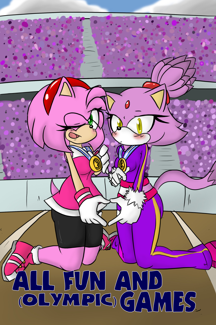 1girl amy_rose anthro blaze_the_cat blush breasts clothed clothing duo english_text feline furry gloves gold_medal green_eyes hedgehog mammal olympic one_eye_closed sandunky sega skirt text video_games wink