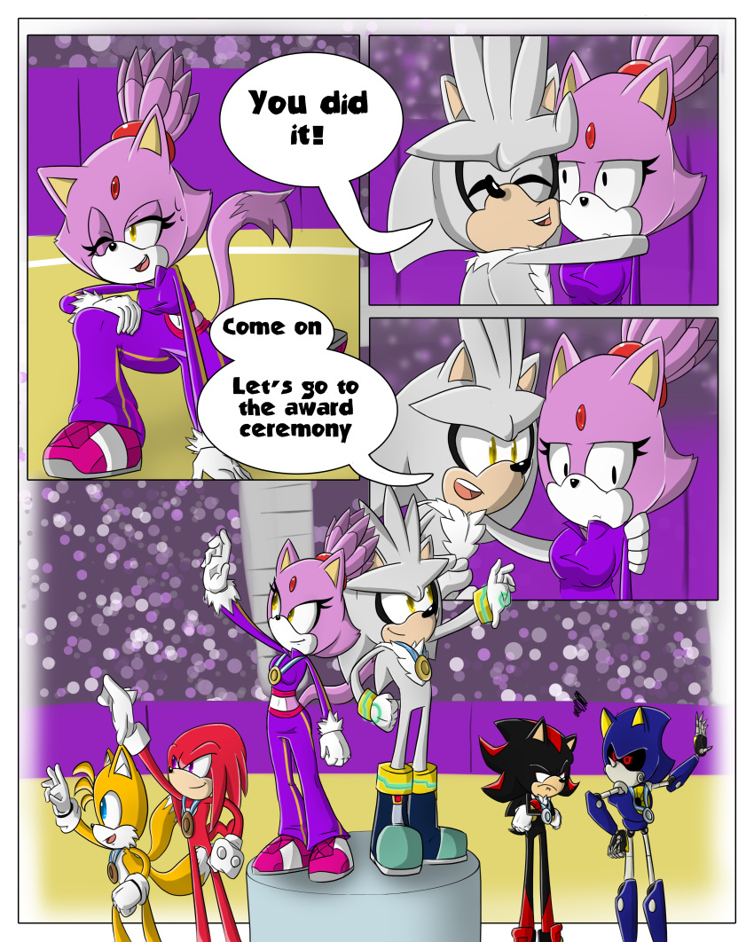 1girl anthro blaze_the_cat blue_eyes breasts canine cat clothed clothing comic dialogue echidna english_text feline fox fur furry gloves hedgehog hugging knuckles_the_echidna male mammal metal_sonic midriff miles_"tails"_prower monotreme navel nude purple_fur red_eyes sandunky sega shadow_the_hedgehog silver_the_hedgehog sport text video_games volleyball yellow_eyes