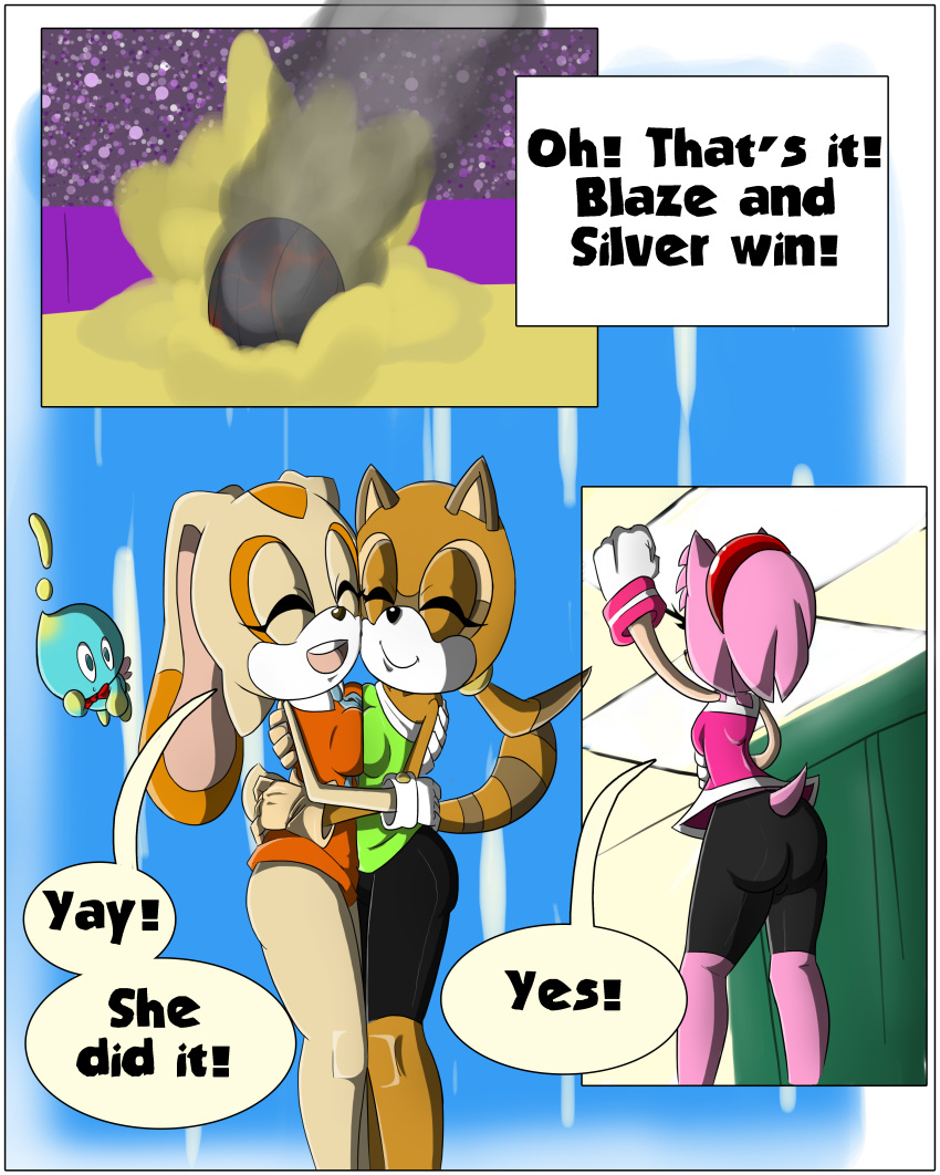 ! 1girl amy_rose anthro breast_squish breasts breasts_frottage chao cheese_the_chao closed_eyes clothed clothing comic cream_the_rabbit dialogue english_text fur furry gloves green_eyes hair hedgehog lagomorph mammal marine_the_raccoon pink_fur pink_hair rabbit raccoon sandunky sega shorts sport text video_games volleyball