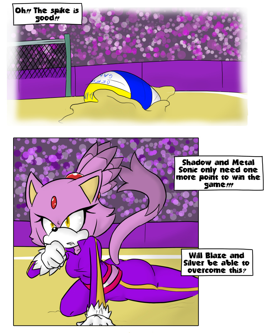 1girl 1girl anthro blaze_the_cat breasts clothed clothing comic dialogue english_text feline fur furry gloves mammal purple_fur sandunky sega sport text video_games volleyball yellow_eyes